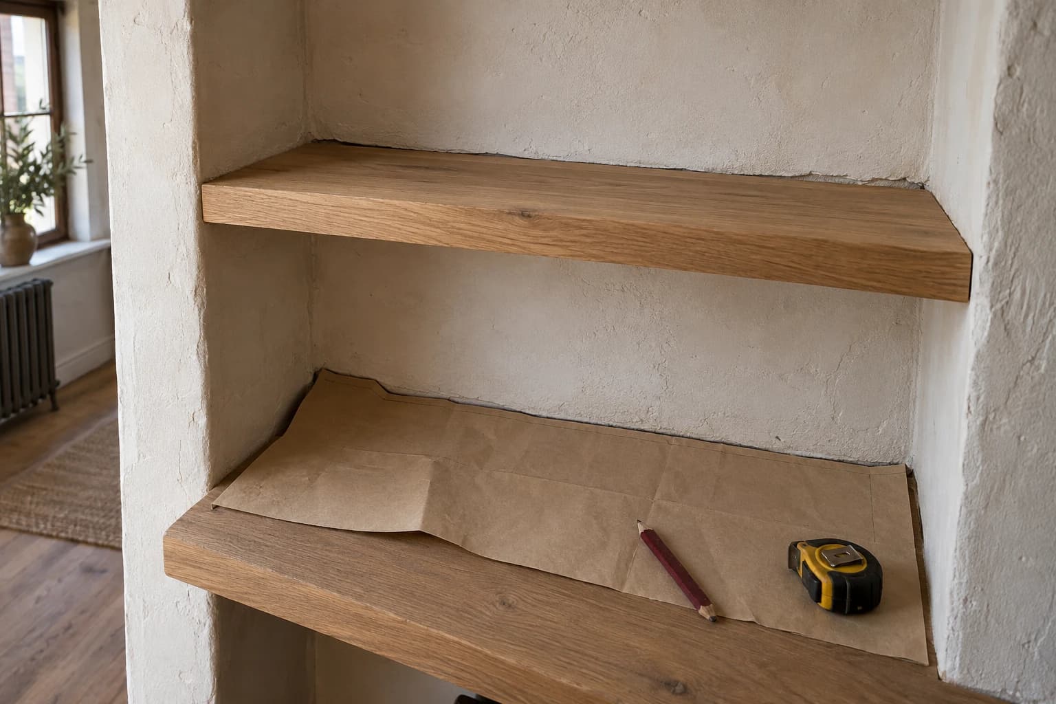 An oak shelf against an uneven alcove wall, with a paper template and measuring tools.
